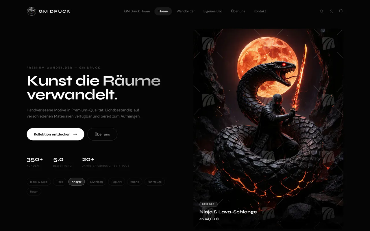 Online-Shop shop.gmdruck.de: Startseite mit Wandbild-Kategorien und hervorgehobenem Motiv